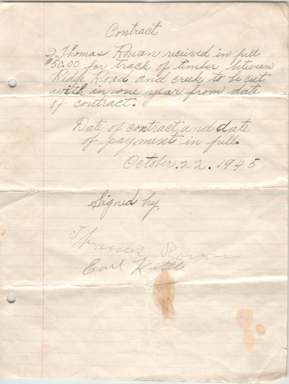 1945 Handwritten Timber Contract to be Cut Within One Year
