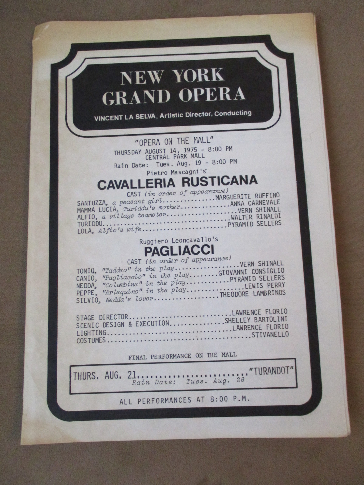 LOT OF 3 – NEW YORK GRAND OPERA – OPERA ON THE MALL CENTRAL PARK PROGRAMS 1975