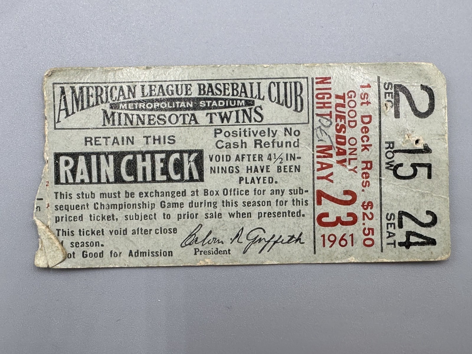 Vintage MINNESOTA TWINS May 23, 1961 DETROIT TIGERS Baseball Game Ticket Stub
