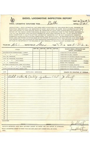 Jersey Central Lines CNJ Diesel Locomotive Inspection Form 1961 Railroadiana