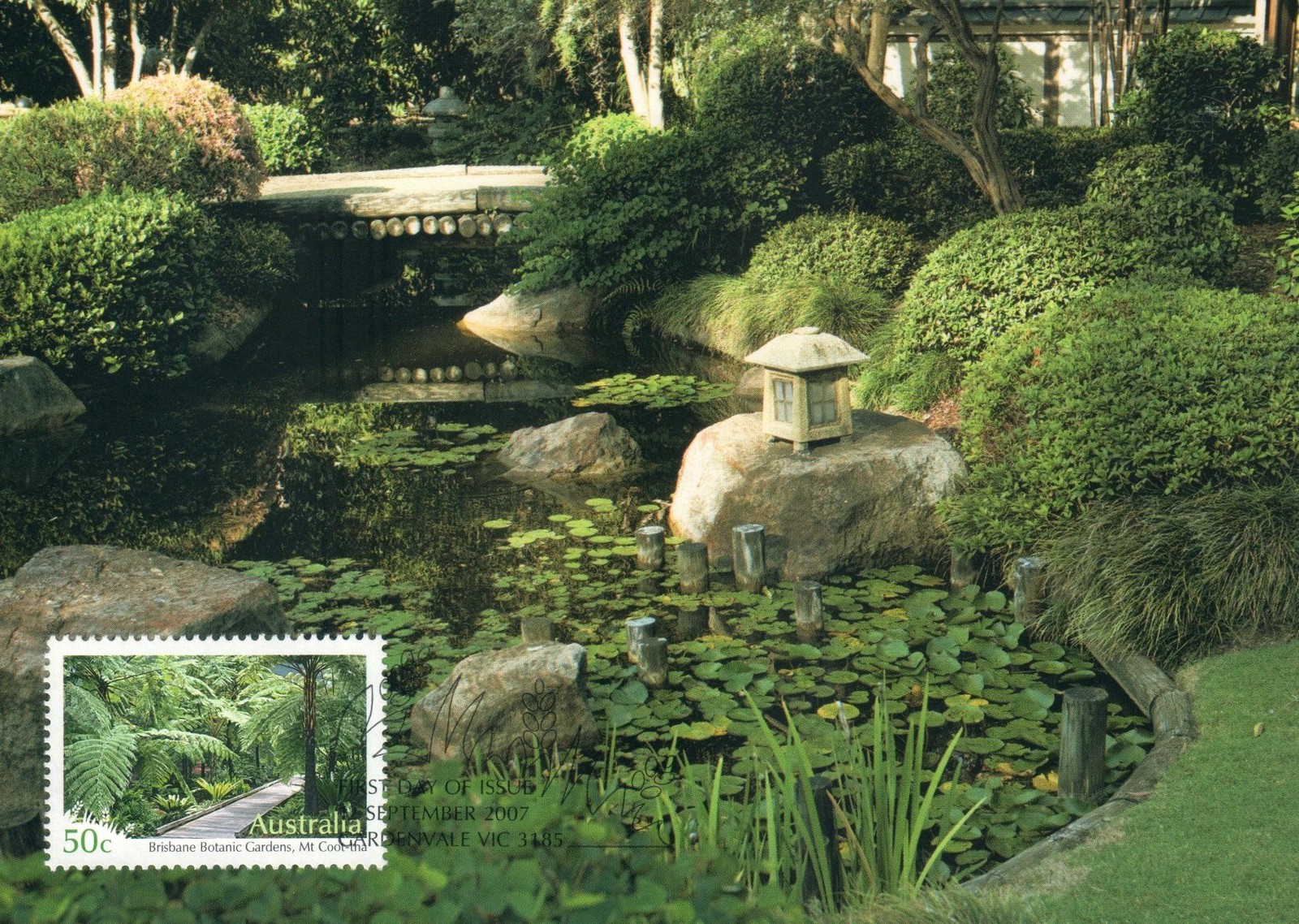 2007 Brisbane Botanic Gardens POSTCARD Maxicard FDI 50c Stamp Cancel Gardenvale