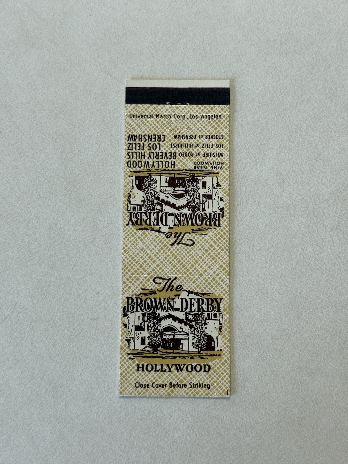 The Brown Derby Hollywood California Vintage Matchbook Cover K