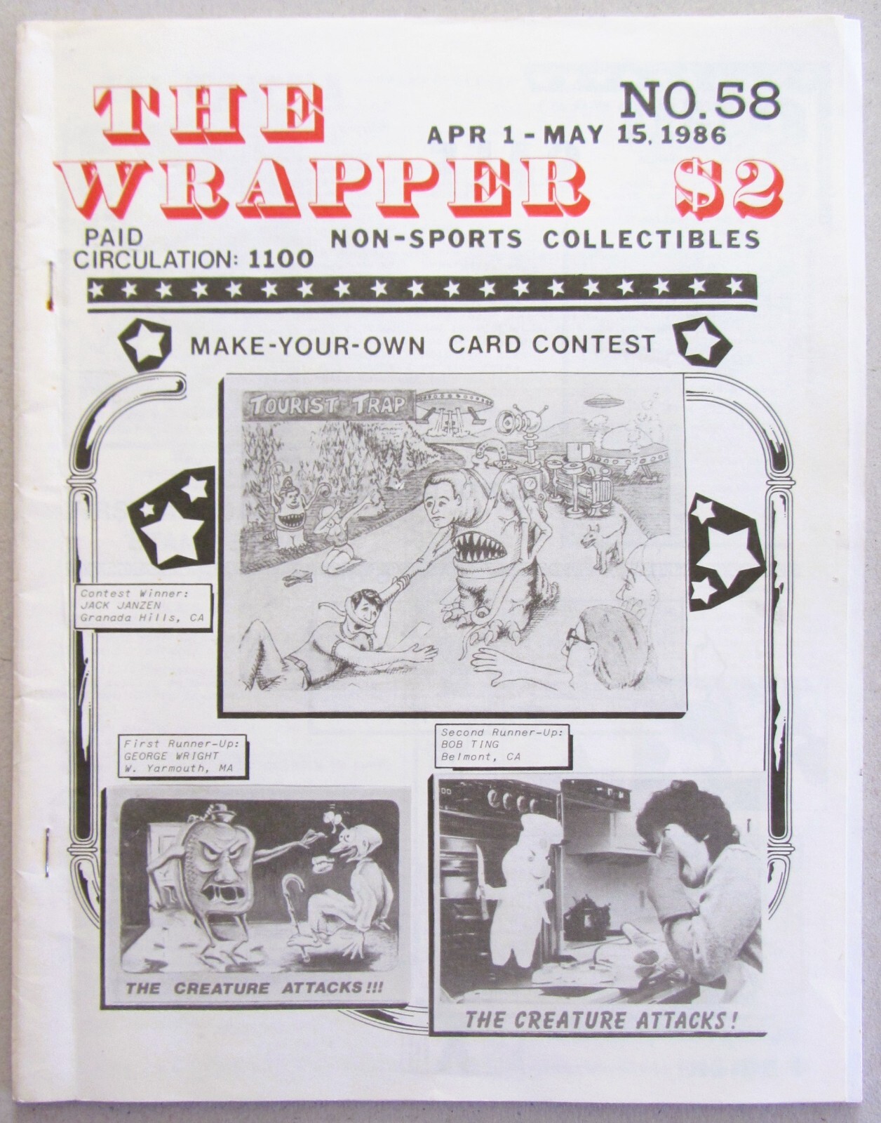 THE WRAPPER #58~APR 1-MAY 15, 1986~NON-SPORTS TRADING CARDS ADZINE~44 PAGES~VG