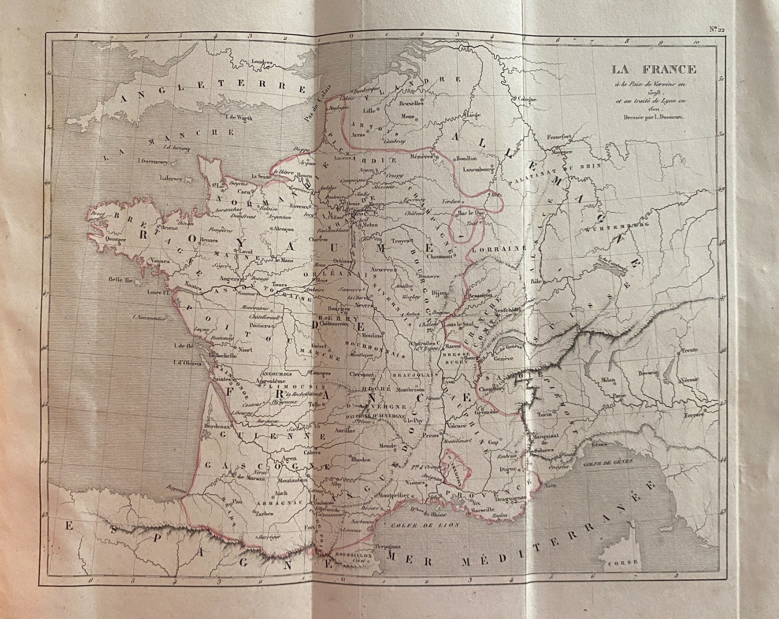 Engraving France 1840 “Map Of France At The Peace Of Vervins 1598”