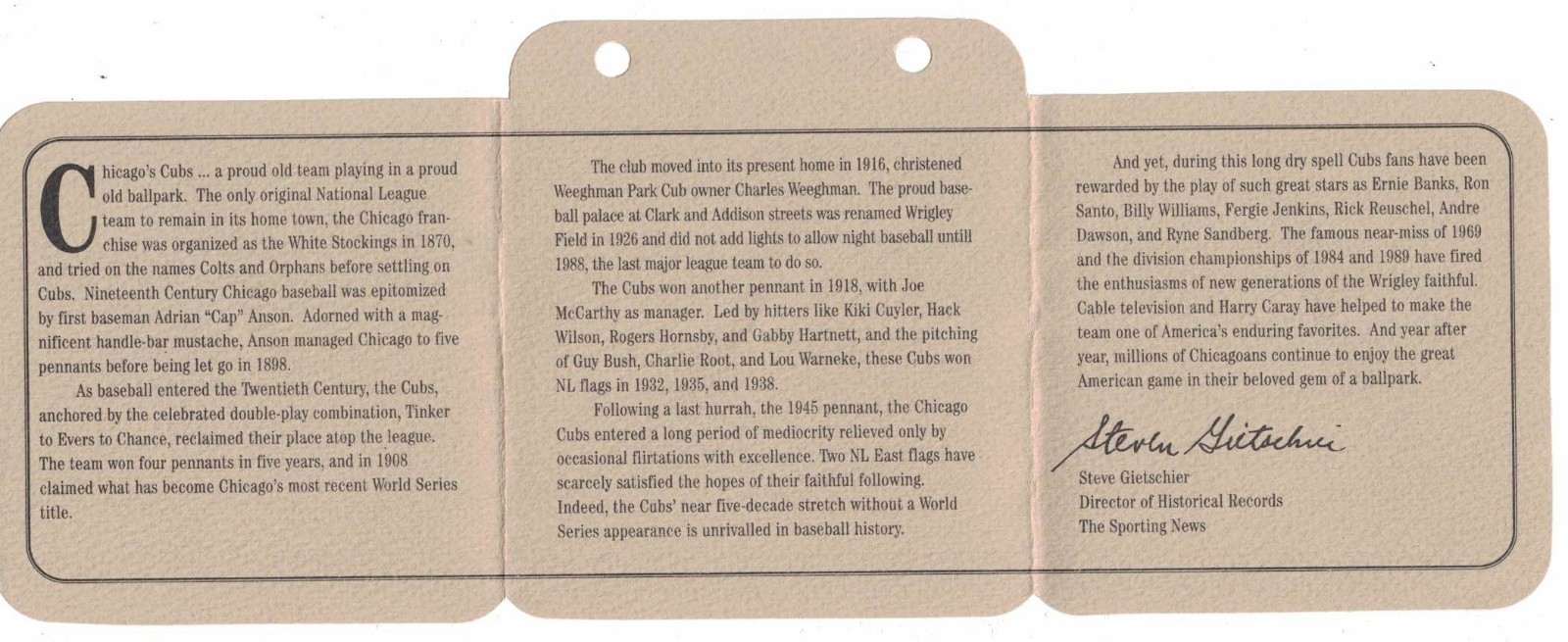 CHICAGO CUBS 1994 COOPERSTOWN COLLECTION ”THE GOLDEN AGE OF BASEBALL” FOLDOUT