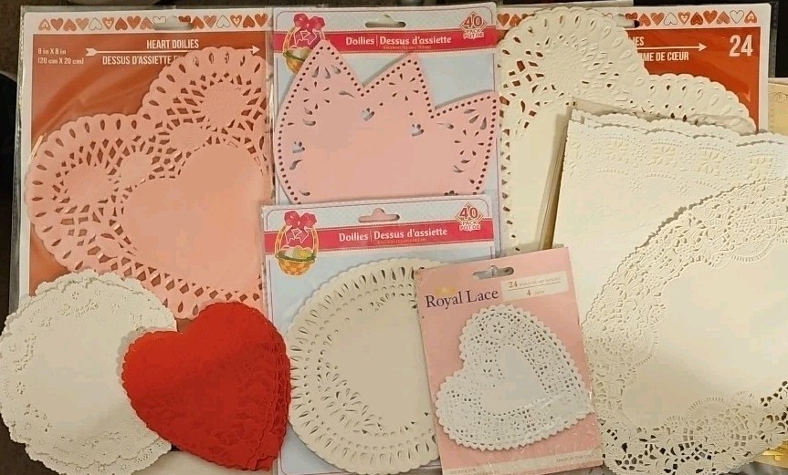 182 Paper Doilies, White, Pink, Red. Hearts, Circles, Tulips, Ovals, Rectangles