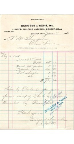 1945 Burgess & Sons Lumber Co. Statement Fencing Supplies Chester IA Cresco Iowa