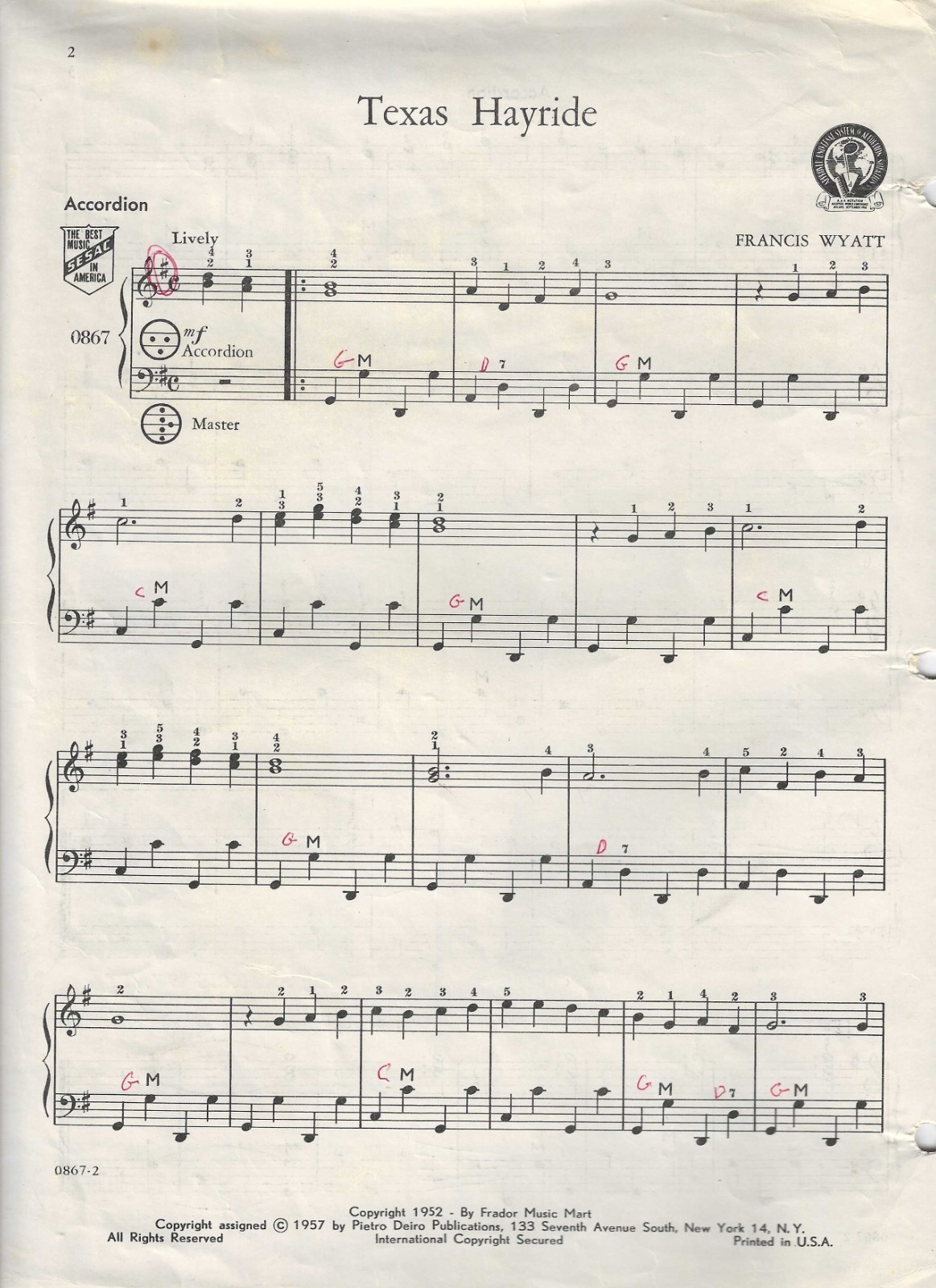 1957 TEXAS HAYRIDE by Francis Wyatt Accordion Sheet Music Vintage