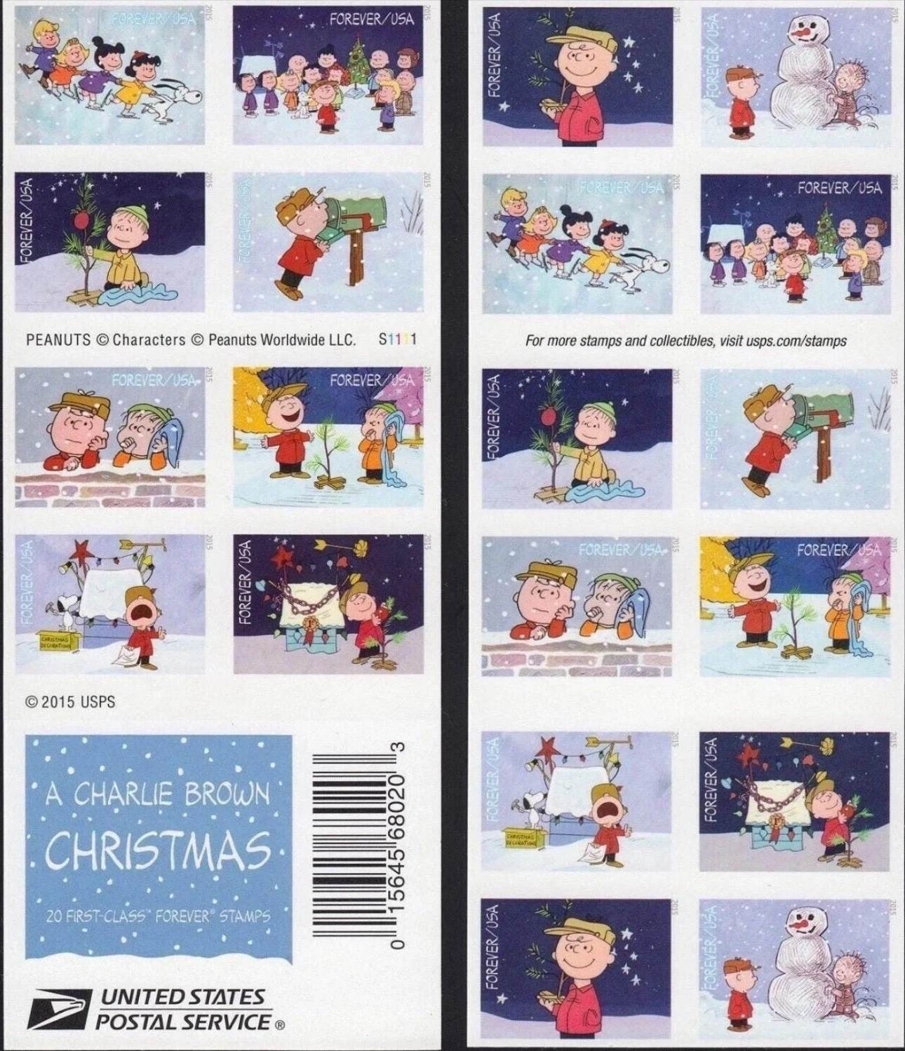 2015 Charlie Brown Christmas Stamps – 5 Sheets MNH (100 Stamps Total)