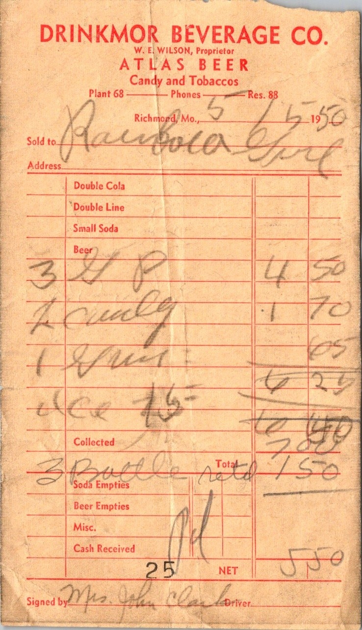 1950s Drinkmor Beverage Co Richmond MO 4 Receipts Rainbow Cafe Ritz Cafe