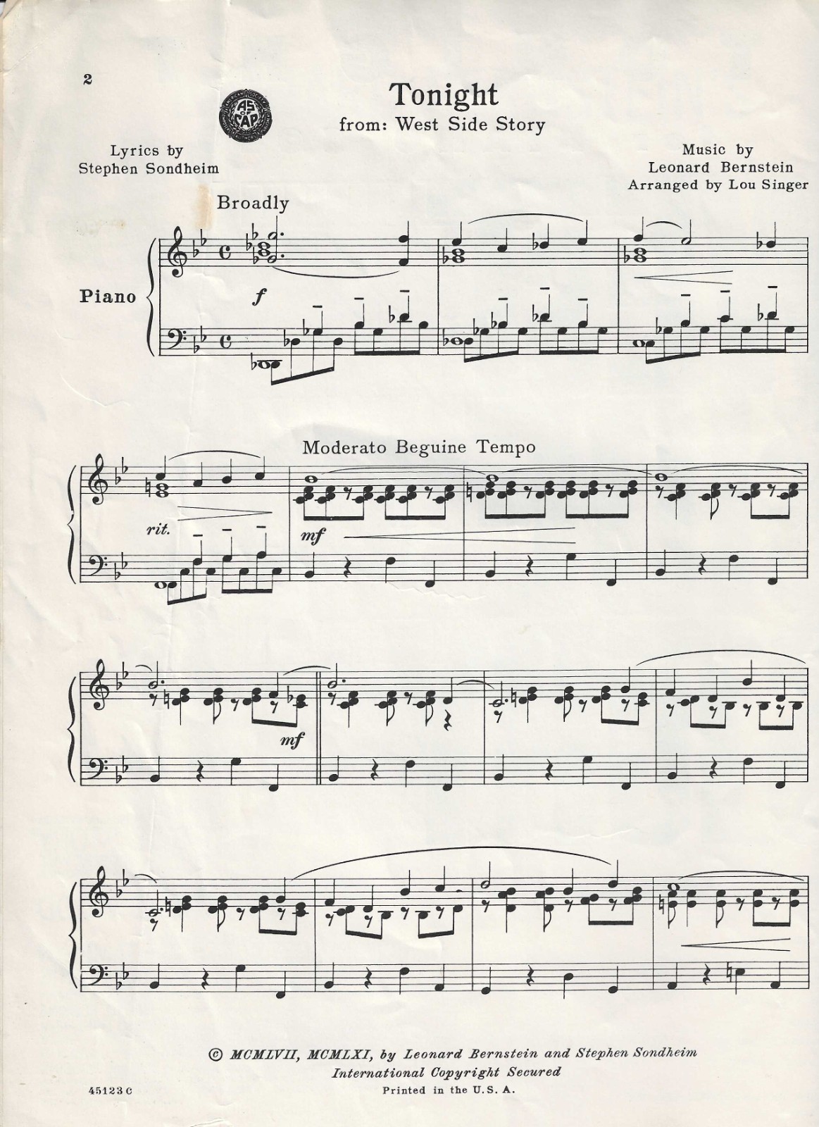 1961 TONIGHT Piano Solo Sheet Music WEST SIDE STORY Leonard Bernstein