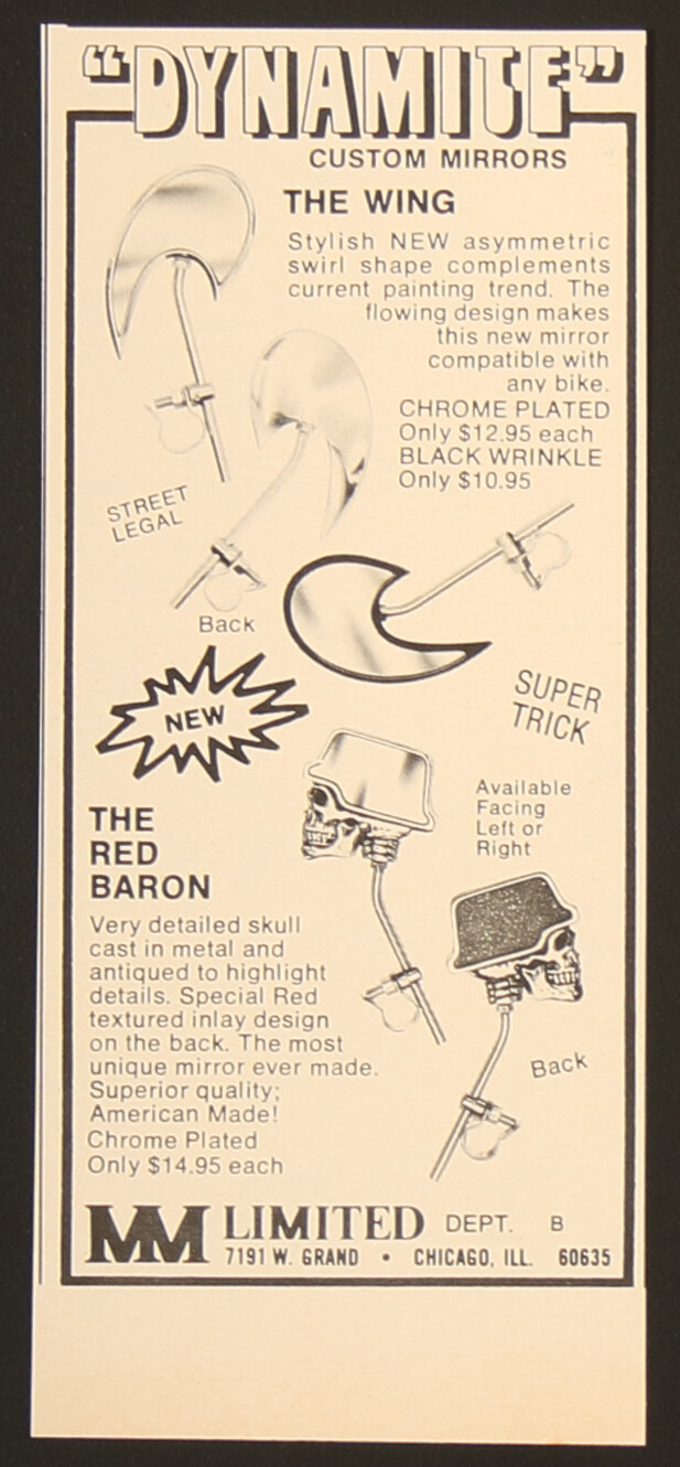 MM Dynamite Custom Motorcycle Mirror Red Baron Wing Vintage Print Ad 1973