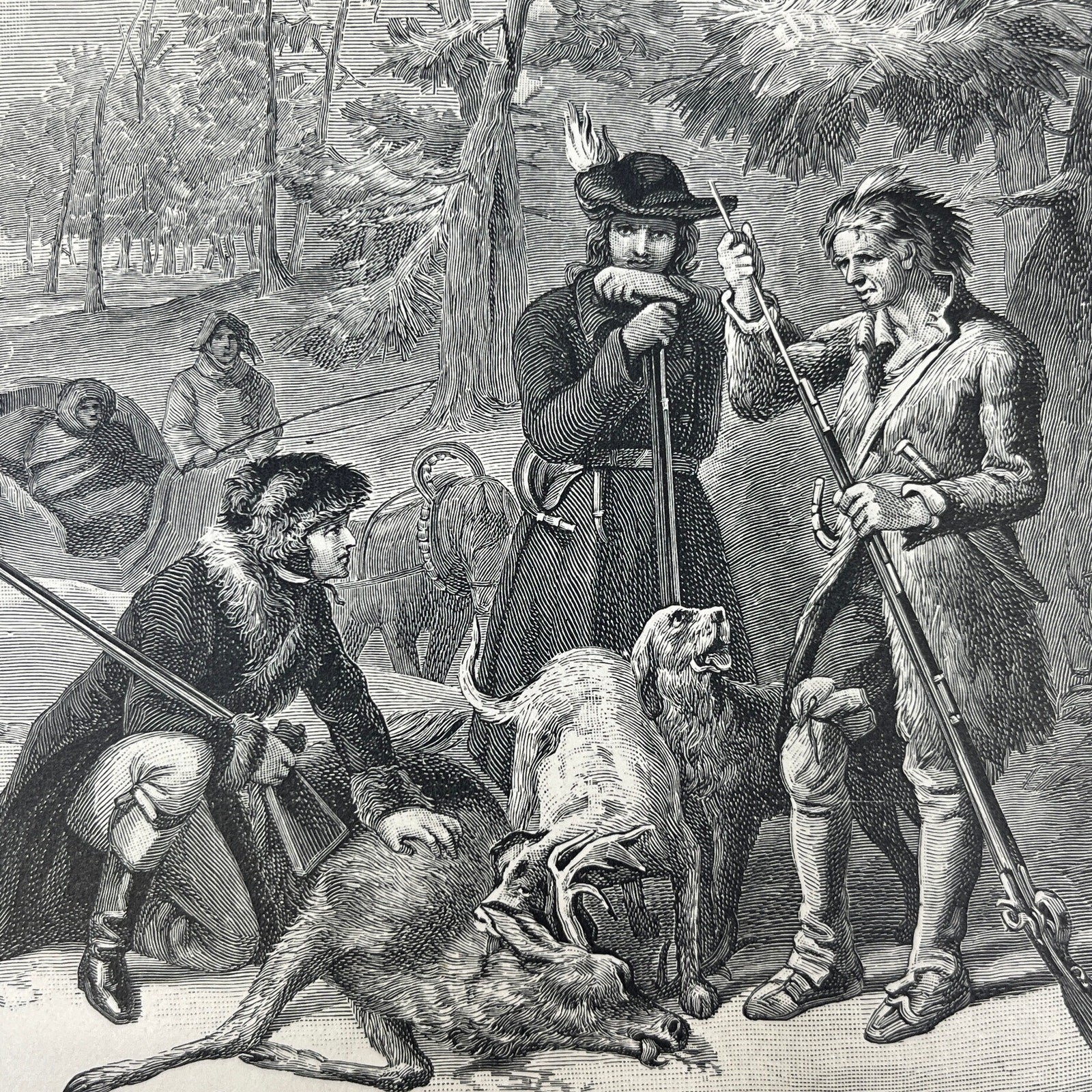 1880s Original Art Engraving – The Pioneers – Colonial Hunting Scene AC8