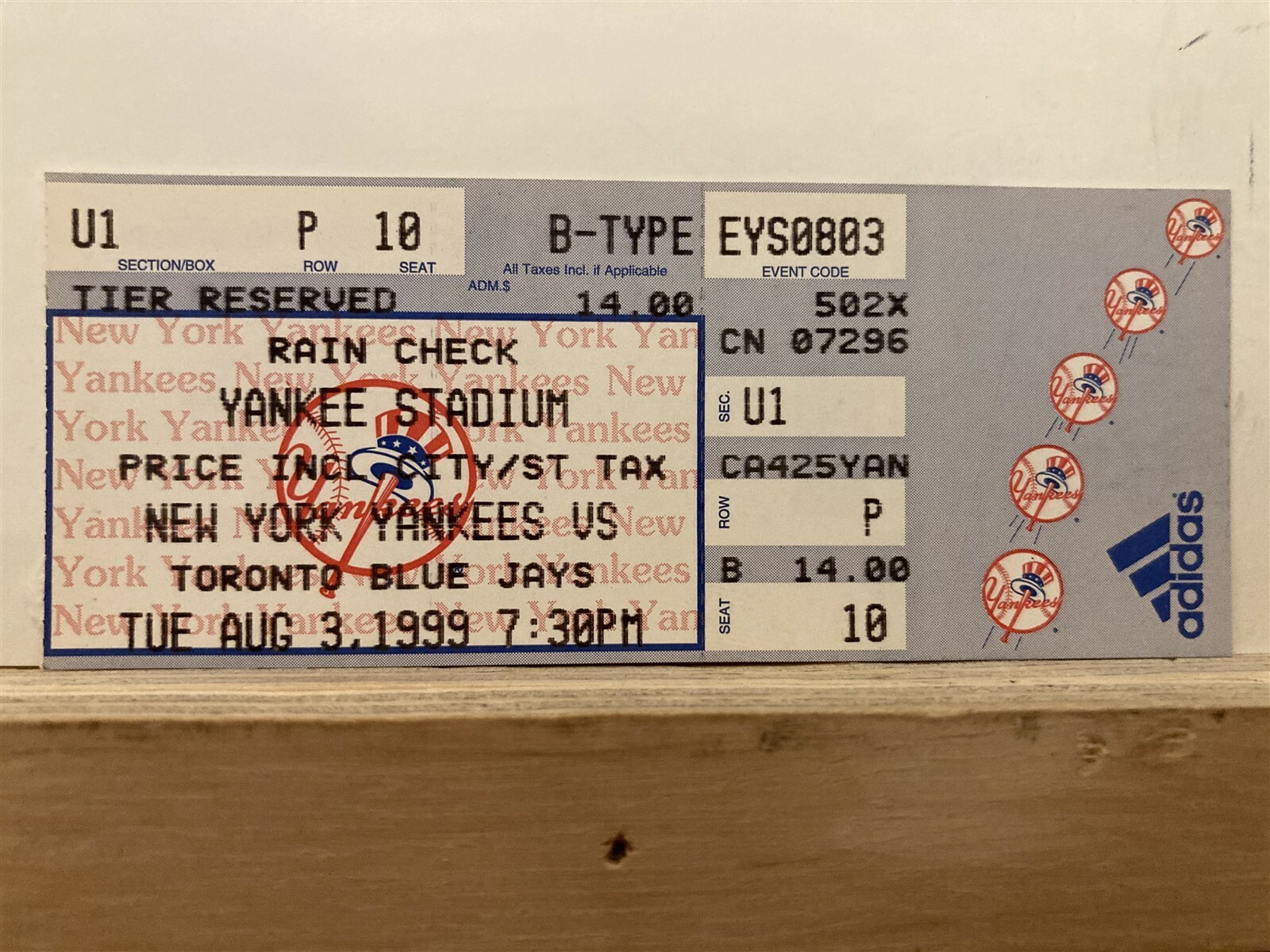 1999 New York Yankees vs Toronto Blue Jays Baseball Rain Check Ticket Vtg