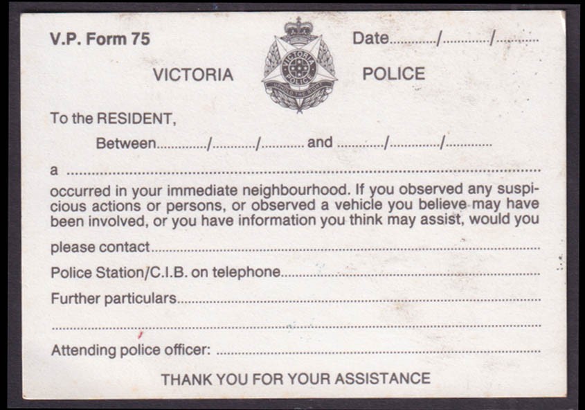 Victoria Police Australia Incident Report form 1955