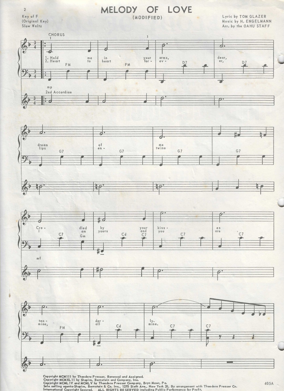 1955 MELODY OF LOVE by Tom Glazer, H. Engelmann Piano Accordion