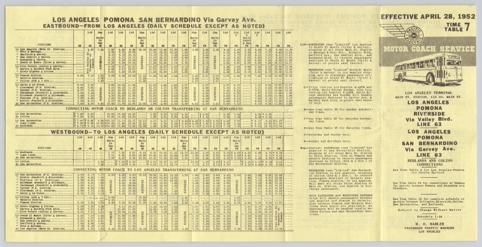 1952 Pacific Electric Lines Motor Coach Service Time Table Los Angeles Pomona CA