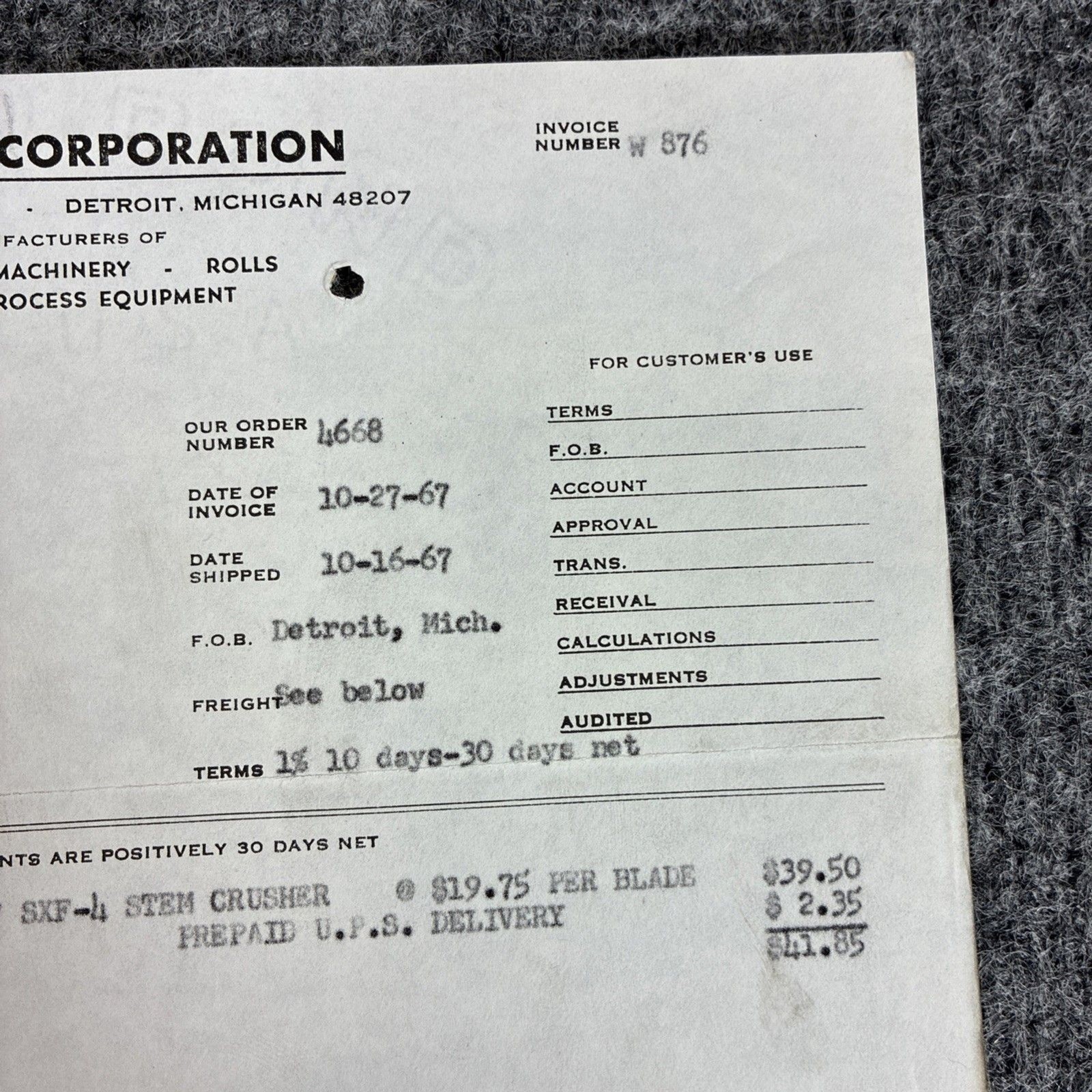 1967 Lauhoff Corp Invoice SXF-4 Stem Crusher Blades to M Marsh Cigar Co WV