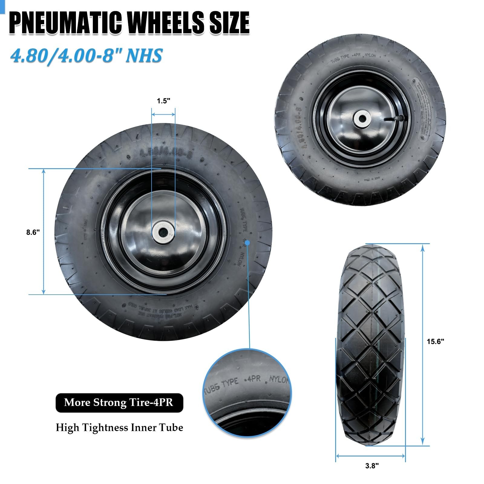 2-Pack of 4.80/4.00-8″Wheels,16″ Pnuematic Tires,Steel Rim and 5/8″or 3/4″ Ax…