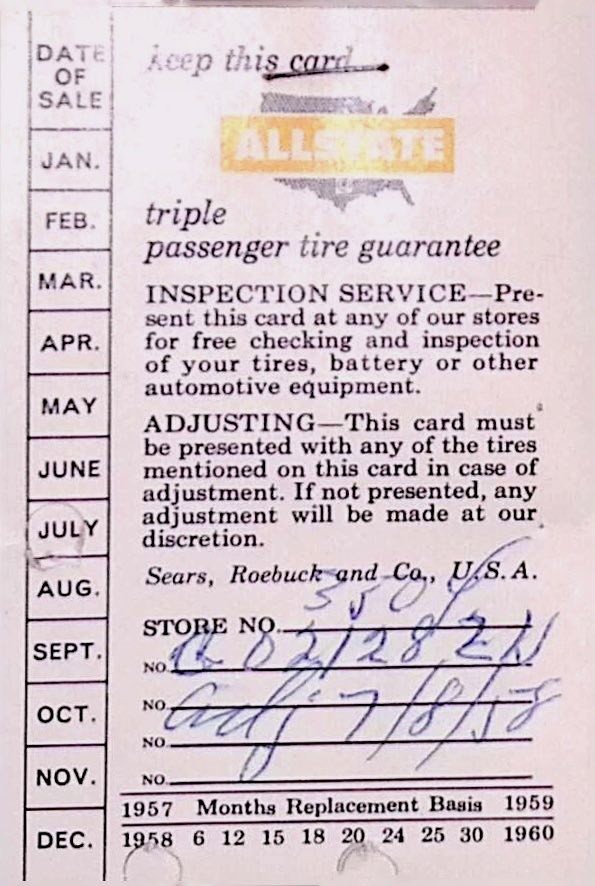 Allstate Tire Co. Sears Guarantee Card 1950s Handwritten Warranty