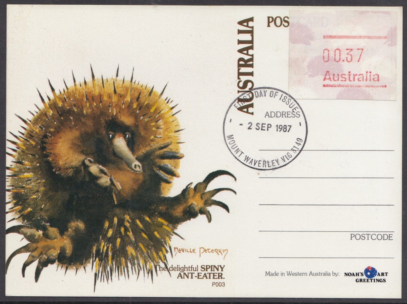 Australia 1987 Spiny Ant-Eater Echidna 37c Frama Postcard, FDI CDS