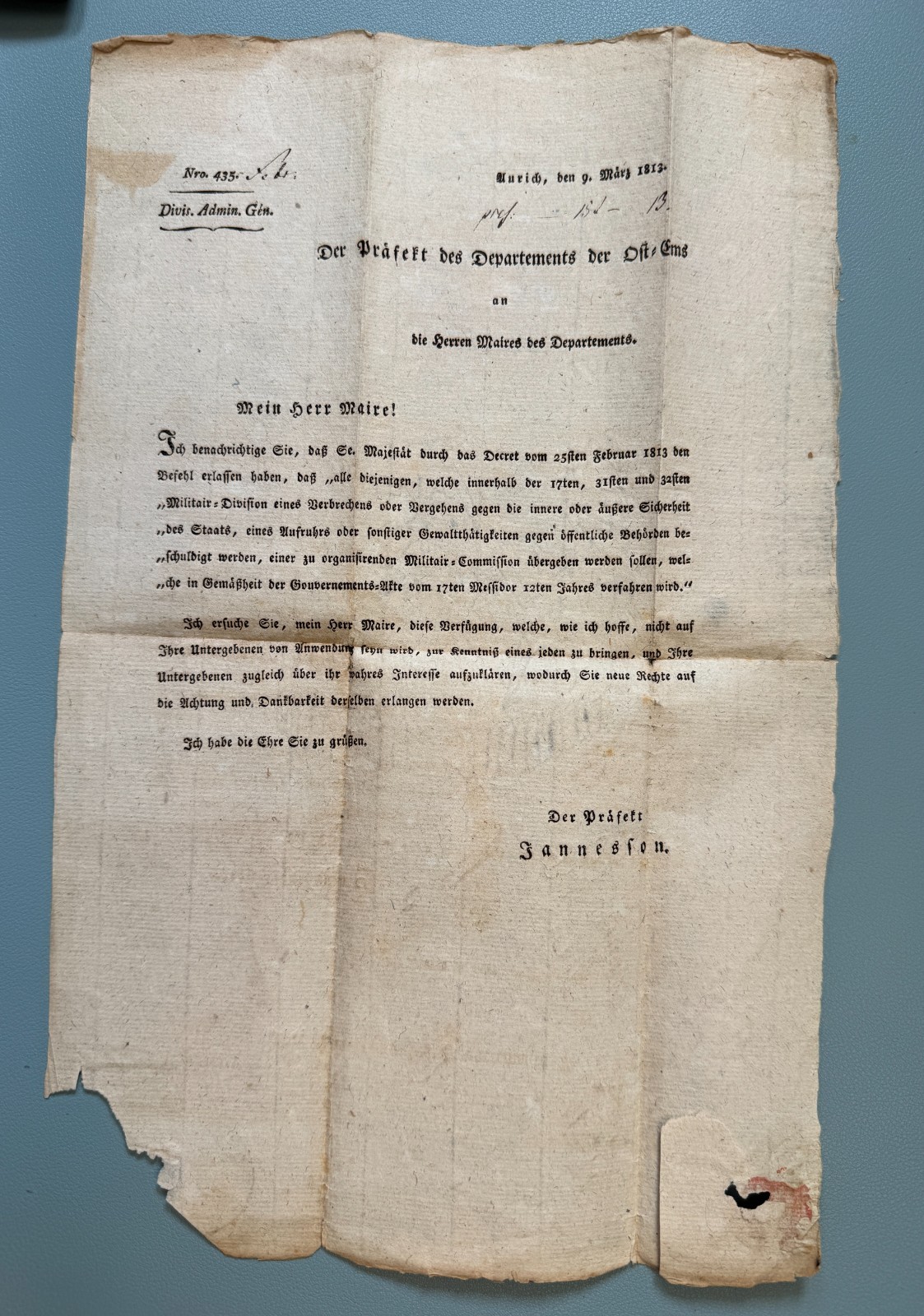 First French Empire Letter By AURICH (Conquered Dept EMS ORIENTAL) 1813