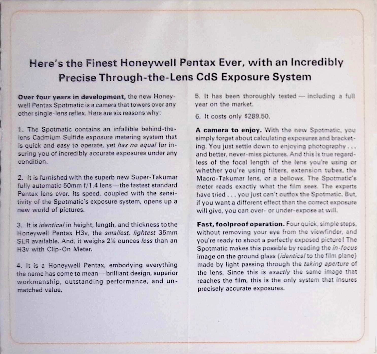 Honeywell Pentax Spotmatic Camera Ad 1960s TTL Metering Brochure Japan