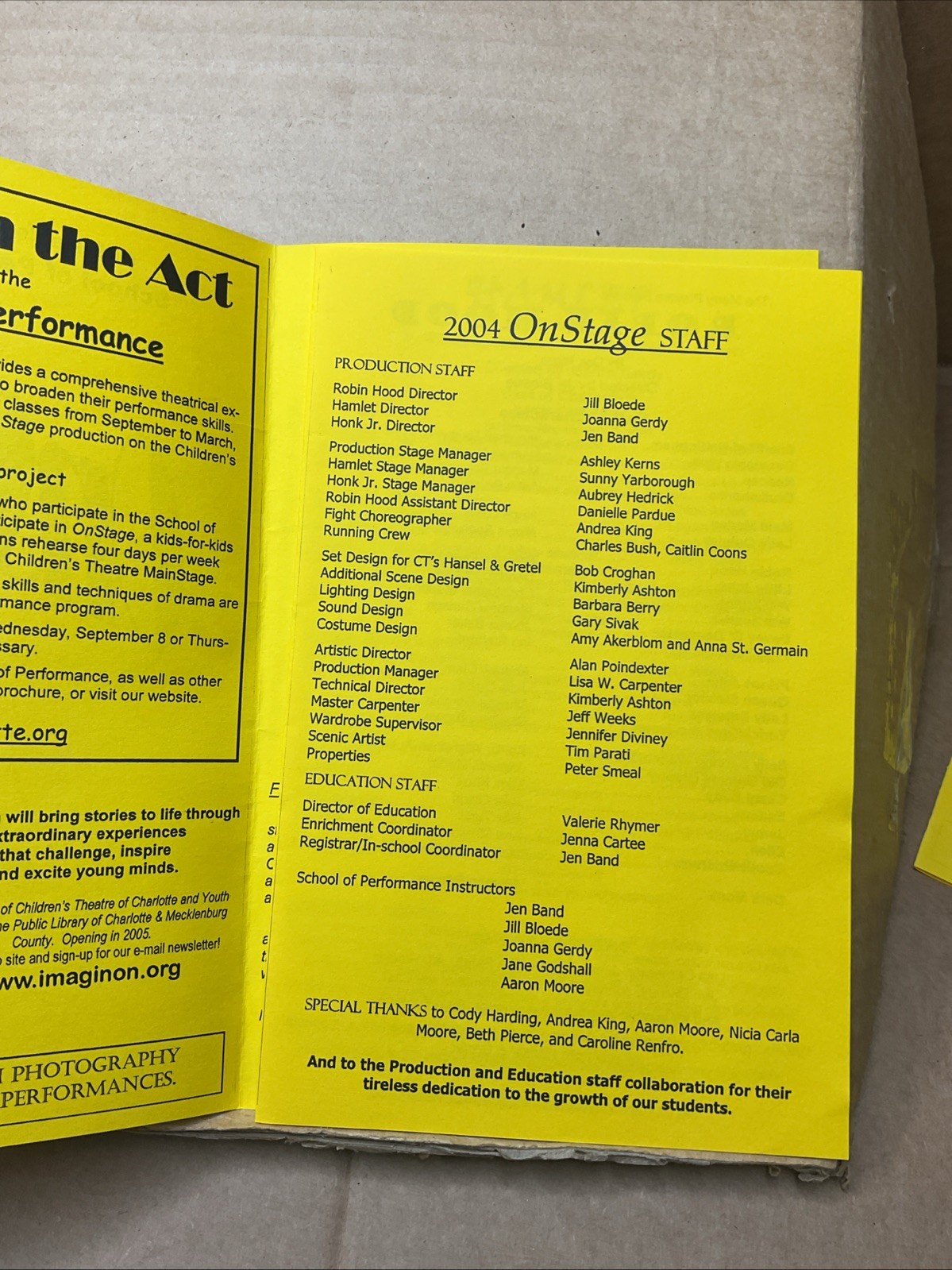 2004 Charlotte Children’s Theatre Robin Hood Hamlet Honk Jr Nc **Has Names B73