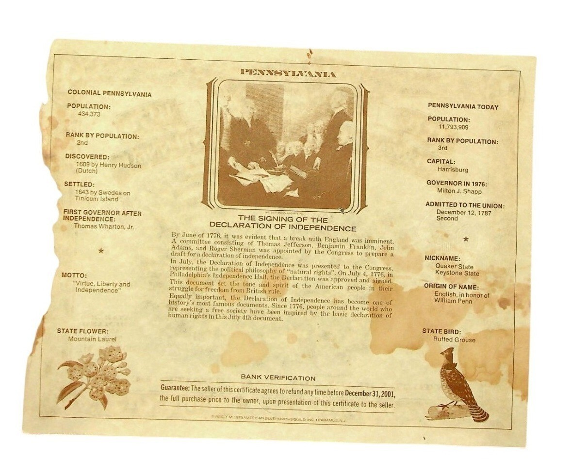 2-American Revolution Bicentennial 1976 Commemorative One Dollar Note Pennsylvan