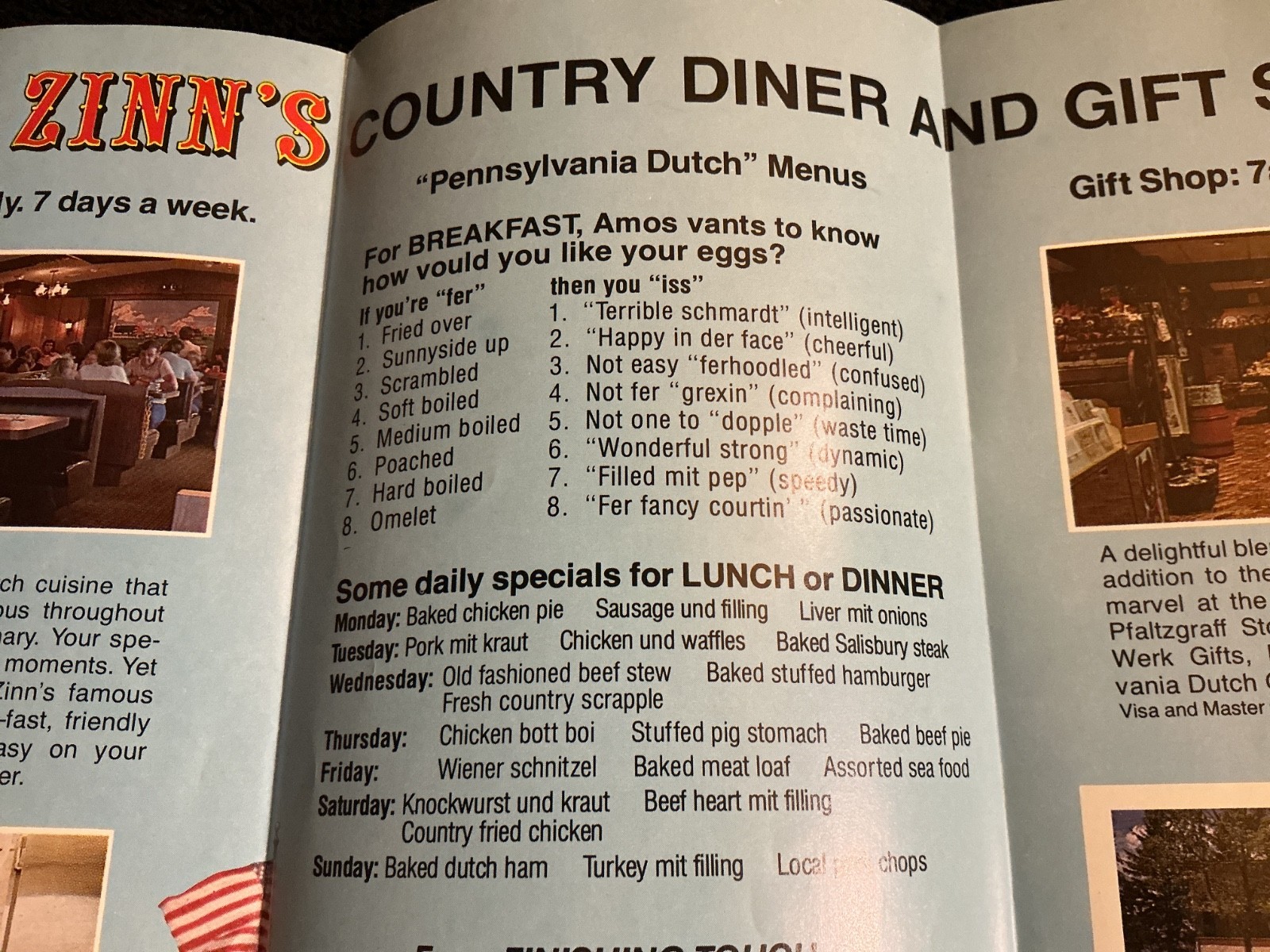 ZINN’S COUNTRY DINER BROCHURE (1980s) LANCASTER/DENVER, PENNSYLVANIA DUTCH Amos