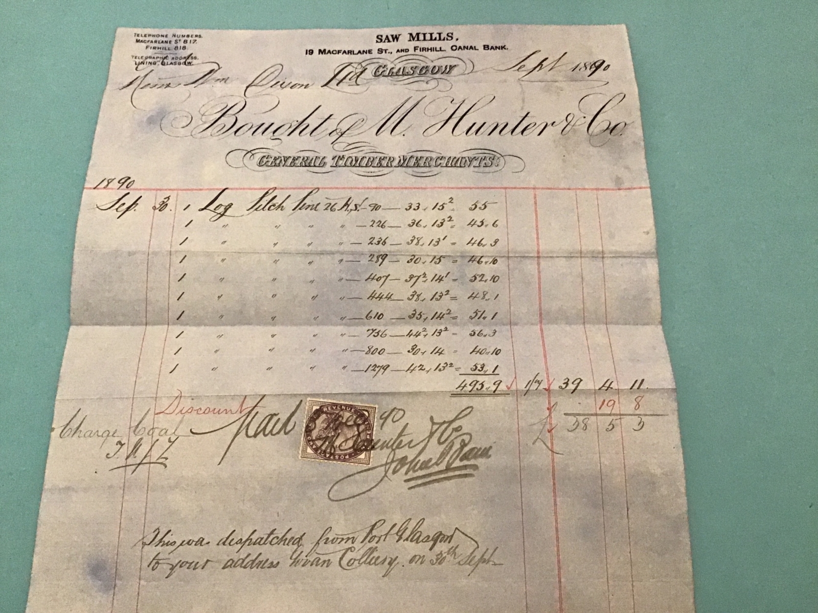 U.K. Glasgow M. Hunter & Co Timber Merchants Stamped 1890 Receipt R42652
