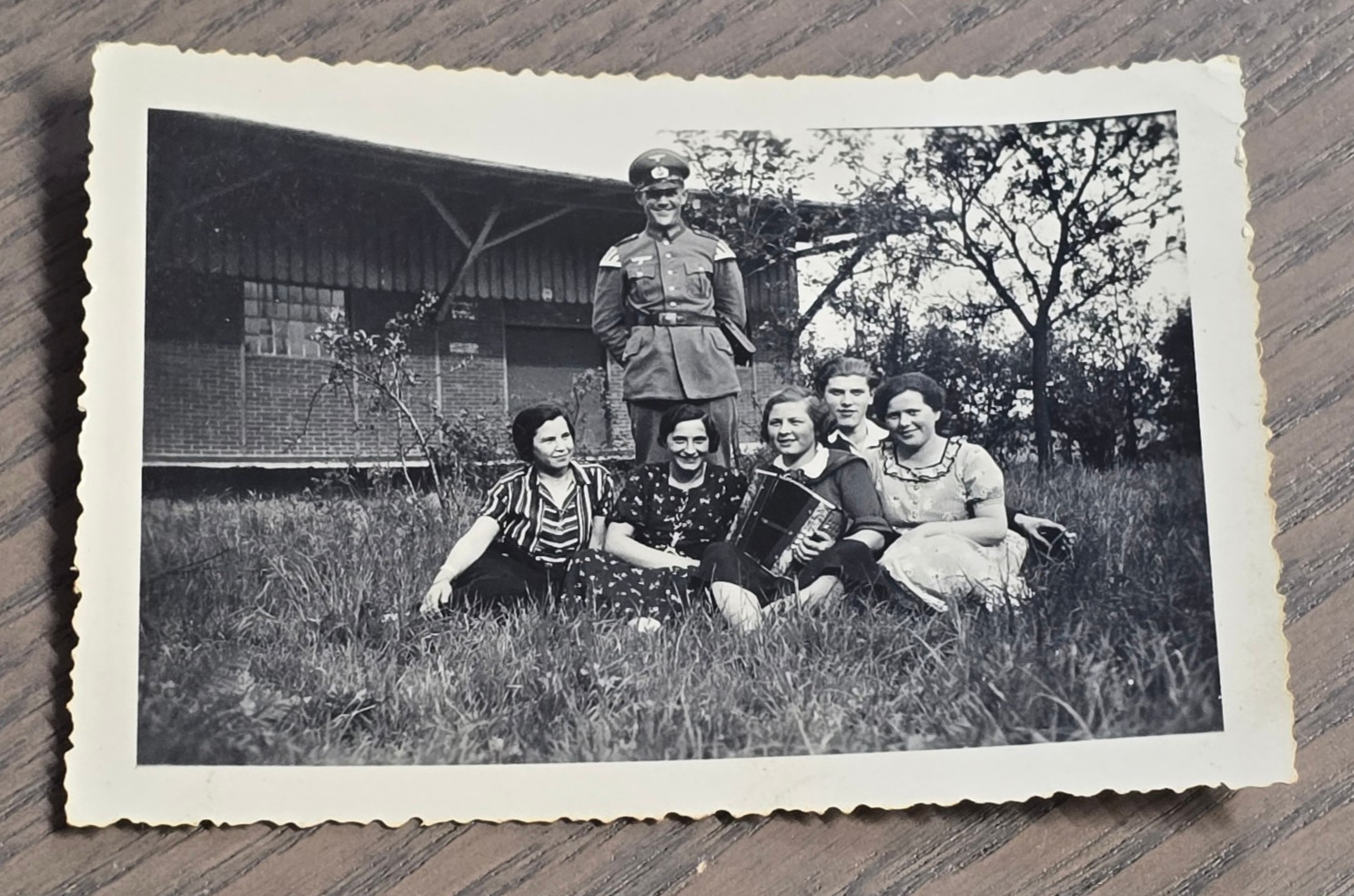 WW2 German Photo Wehrmacht Soldier w Family Group in Field Accordion Player