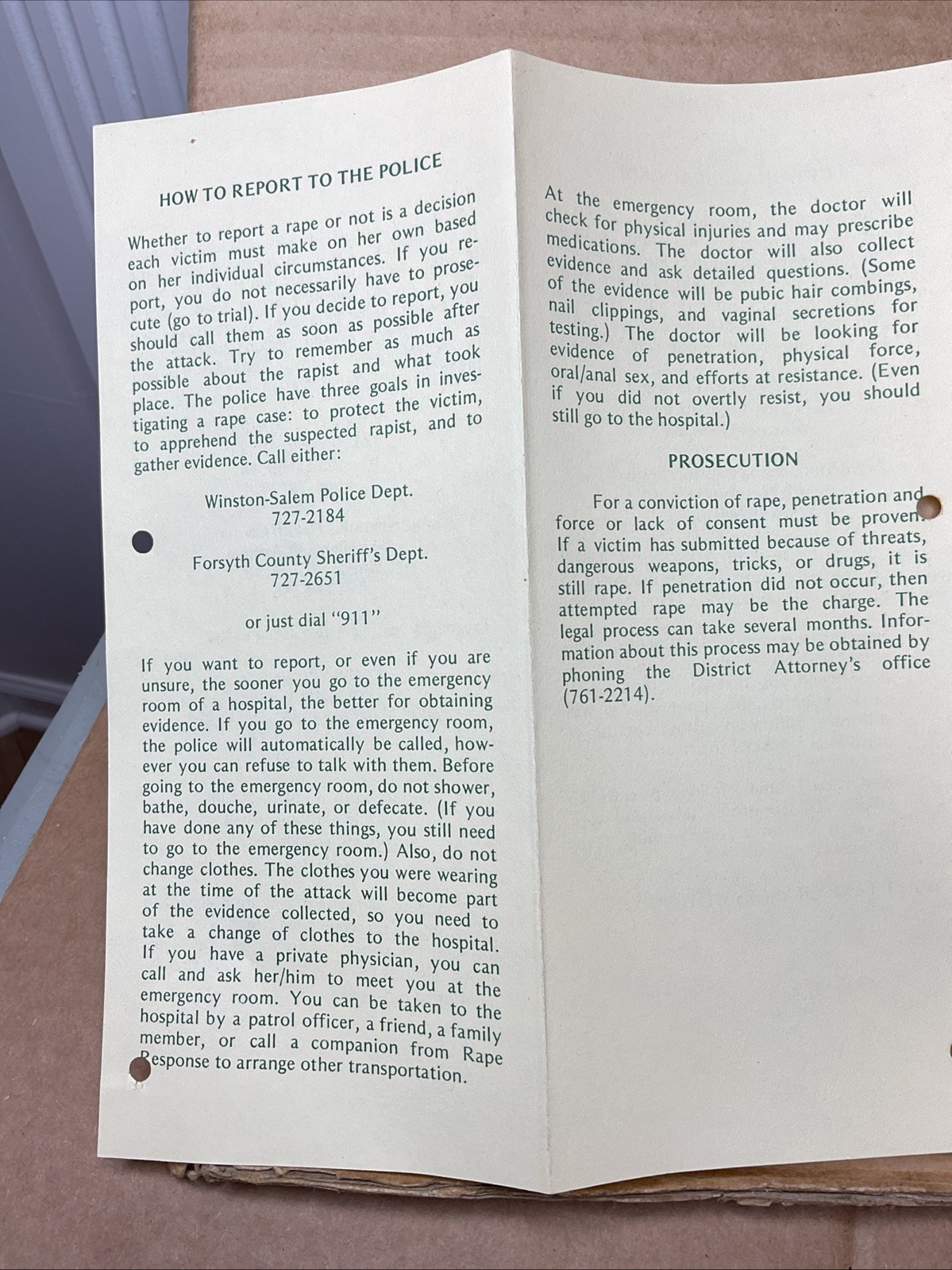 1980s What To Do If You’re Raped Winston-Salem Police Brochure Nc B73