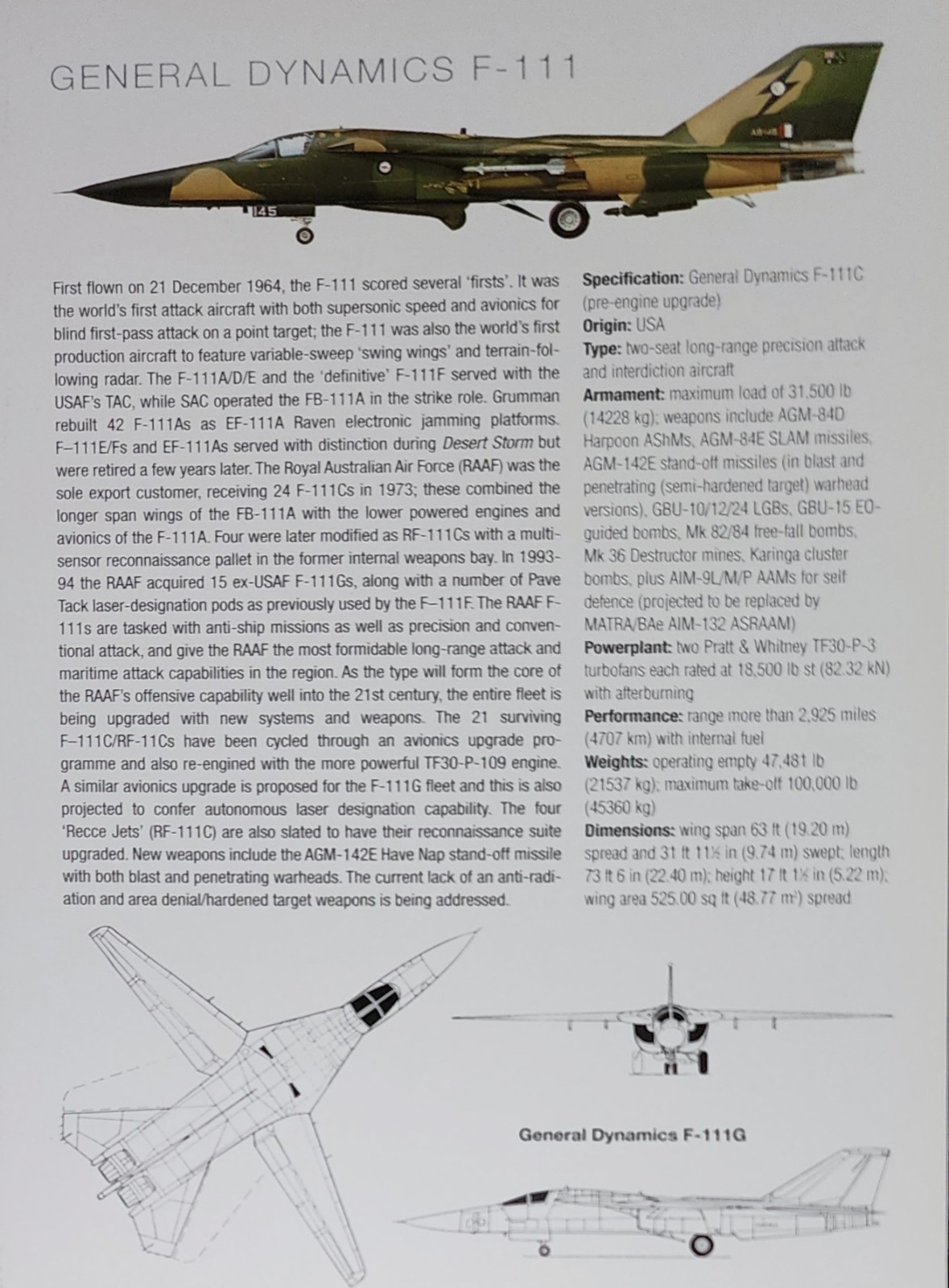 F 111 F-111 General Dynamics Picture Original Aircraft Article Vtg Info Sheet