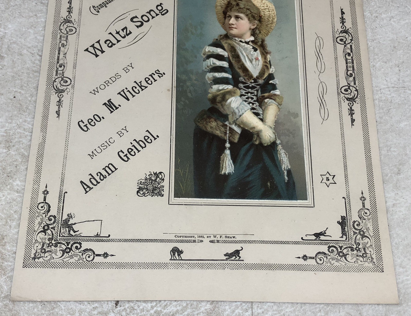 Antique c1882 Music Sheet Opera Cover Print w/ Color Print ROSE LEAVES – L6