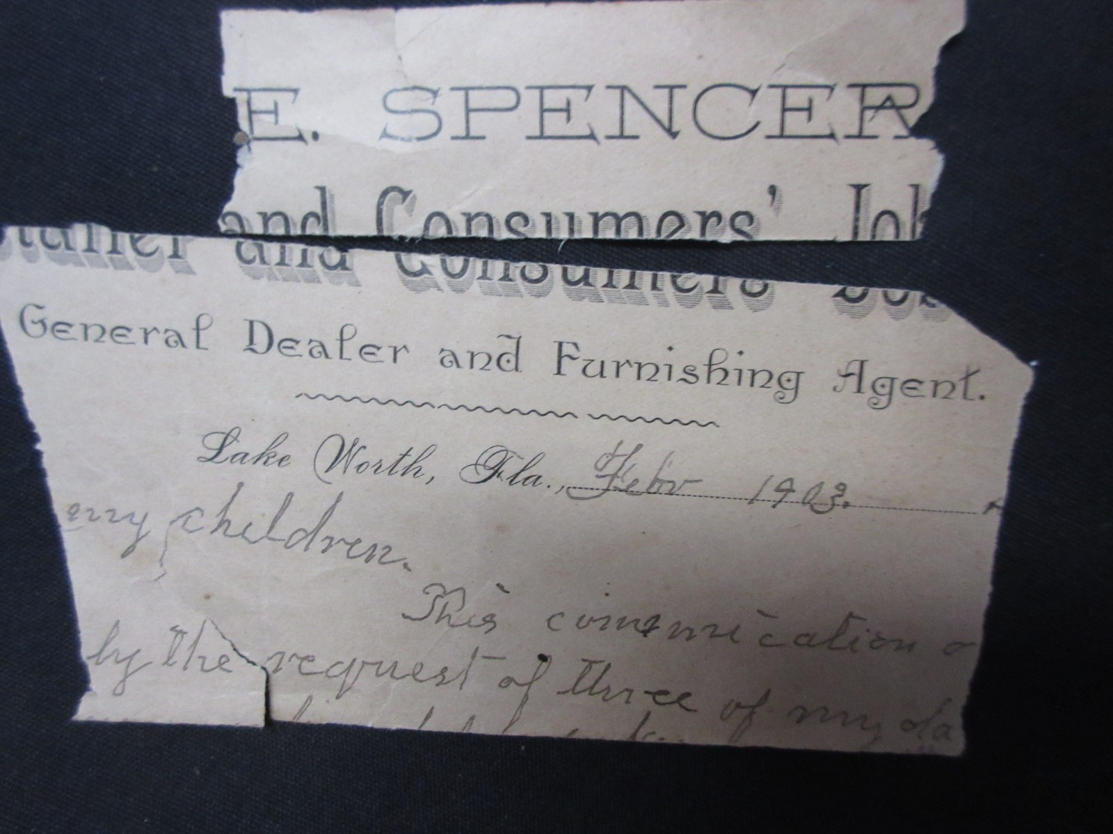 SPENCER General Dealer & Furnishing Agent 1903 Partial Letter, Dade Co, FLORIDA