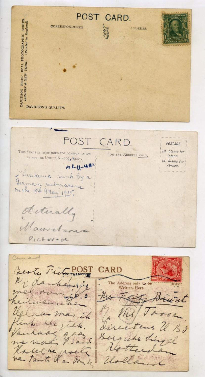 C1910 x3 POSTCARDS ( 2 Photographic) OF THE CUNARD LINER RMS MAURETANIA P100