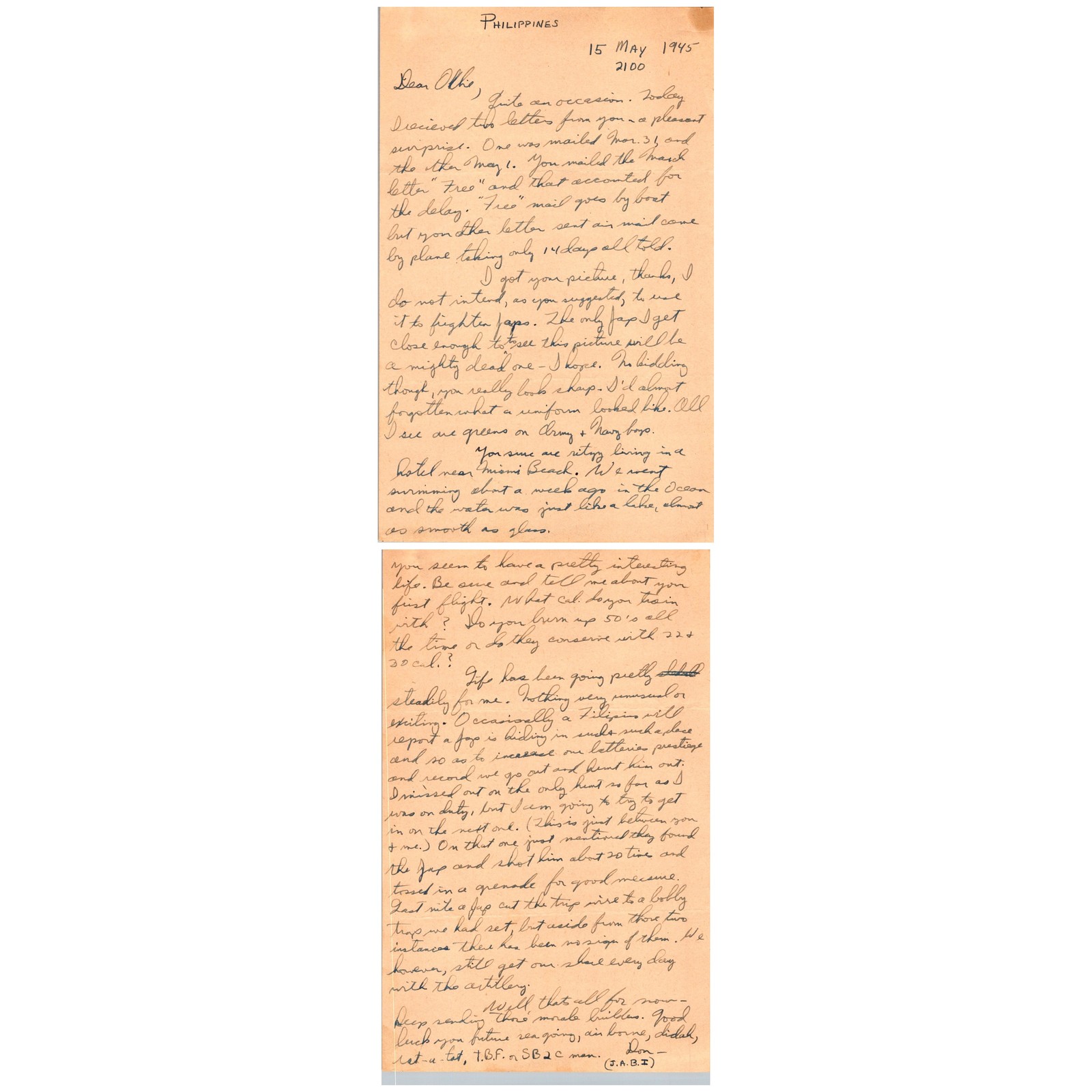 WWII 1945 Philippines Letter to Navy SB2C TBF Airman, Combat & Mail Delay, 2pp
