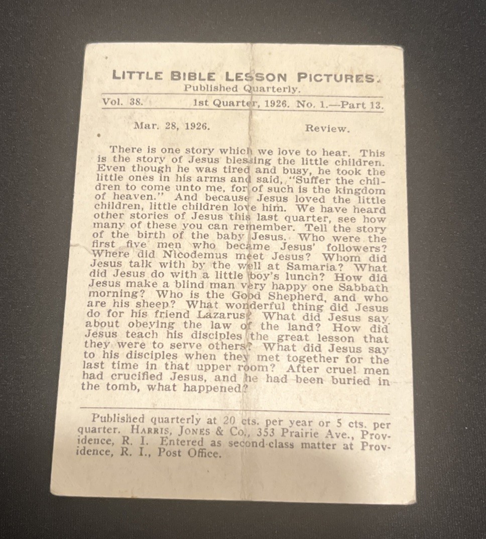 Antique 1926 The Gospel Of John Bible Lesson Card Providence Lithograph Co