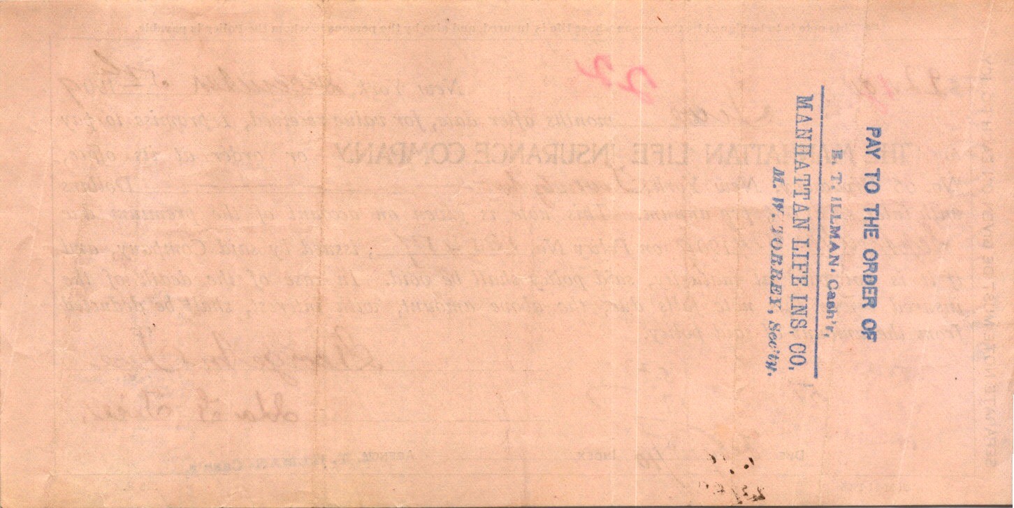 Manhattan Life Insurance Co Check 1900s New York City ET Illman Signature