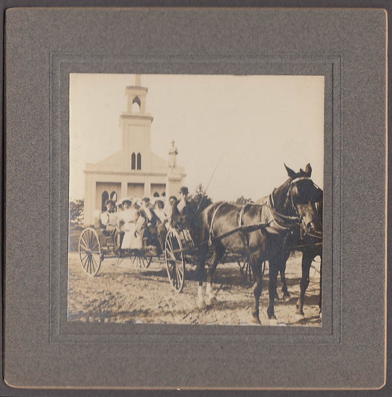 Wagon 9 aboard with flags 1st Congregational Boothbay ME vernacular photo c 1910