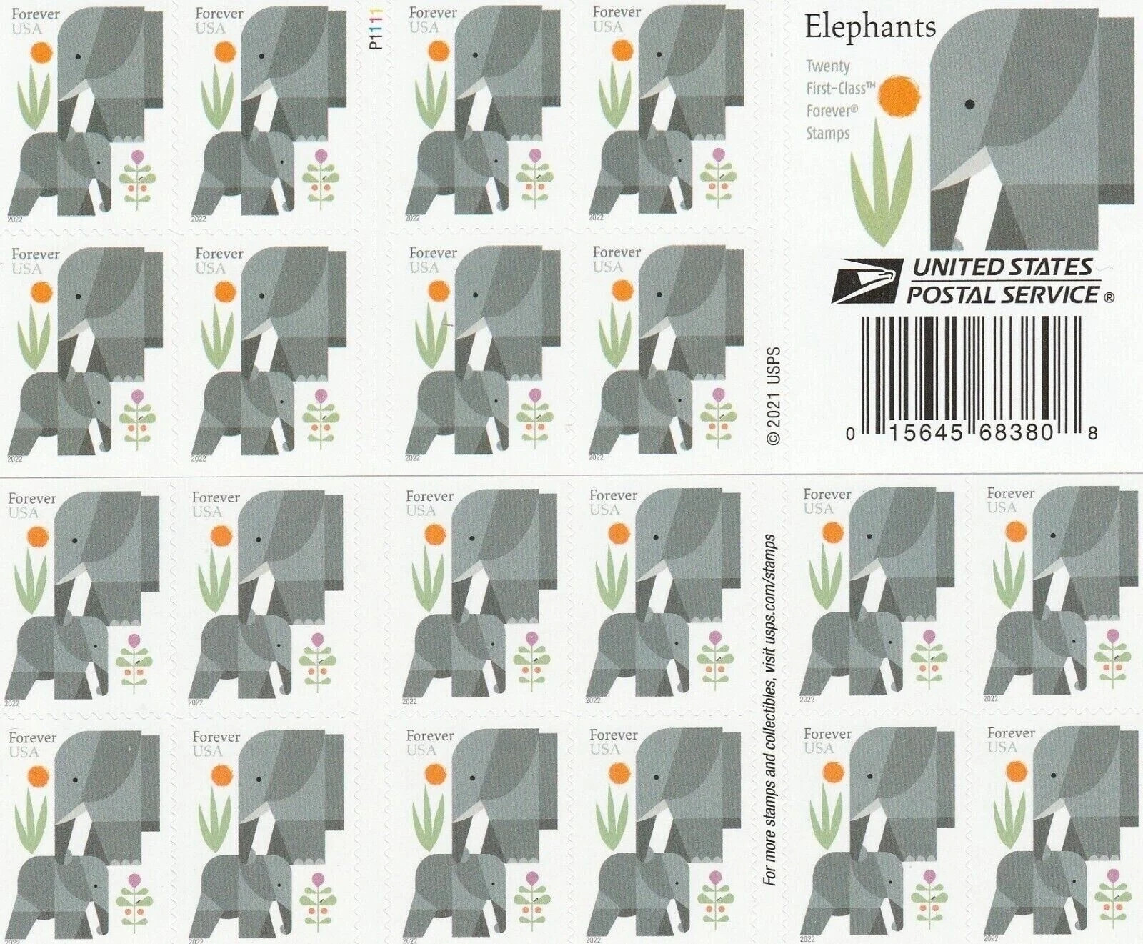 100 Forever First Class Elephant Stamps 2021 Book Pane – New sealed Collectible