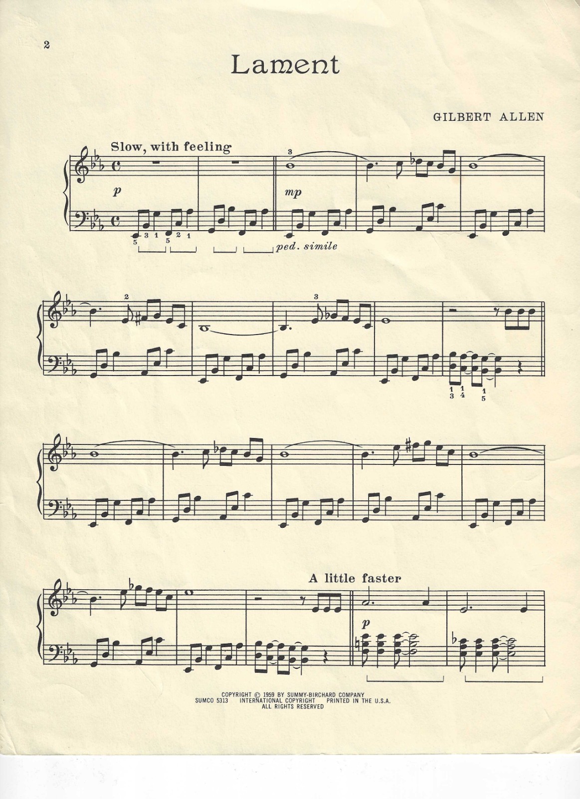 1959 LAMENT by Gilbert Allen Sheet Music A Folk Blues for Piano Solo