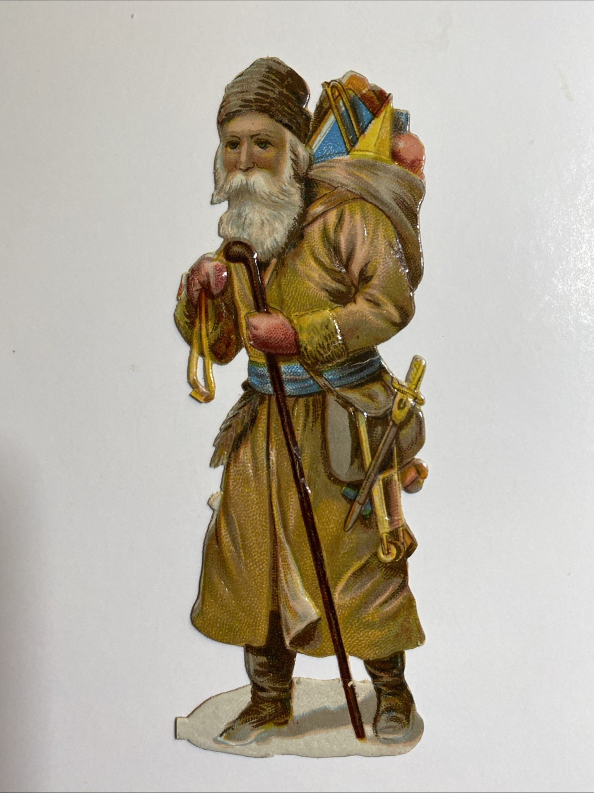 Santa Claus In Brown Coat Die Cut Scrap by Raphael Tuck & Sons 4-1/4 By 1-1/2”