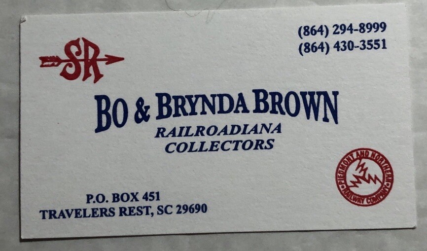 Business Card Bo & Brynda Brown Railroadiana Collectors Travelers Rest, SC