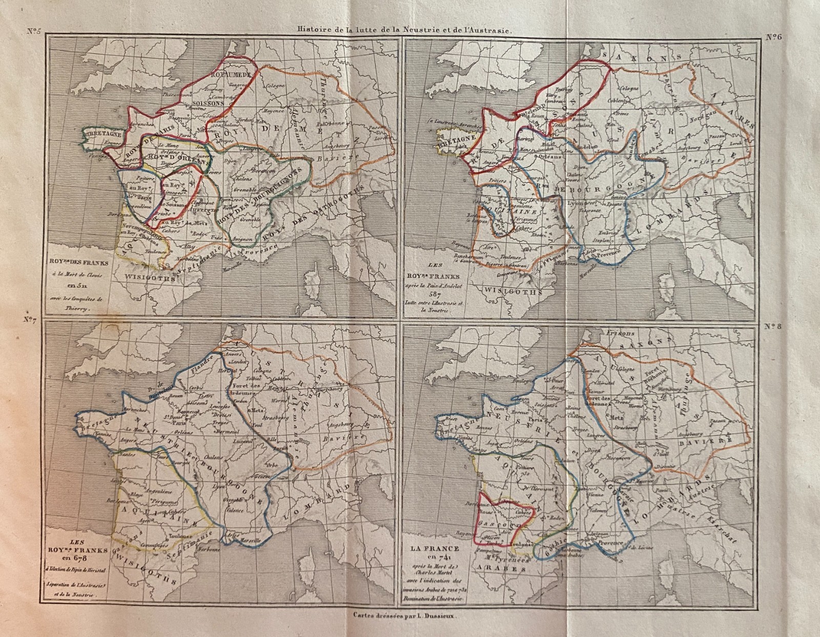 Engraving France 1840 ” Map Struggle Of Neustria And Austrasia 511 To 741 “