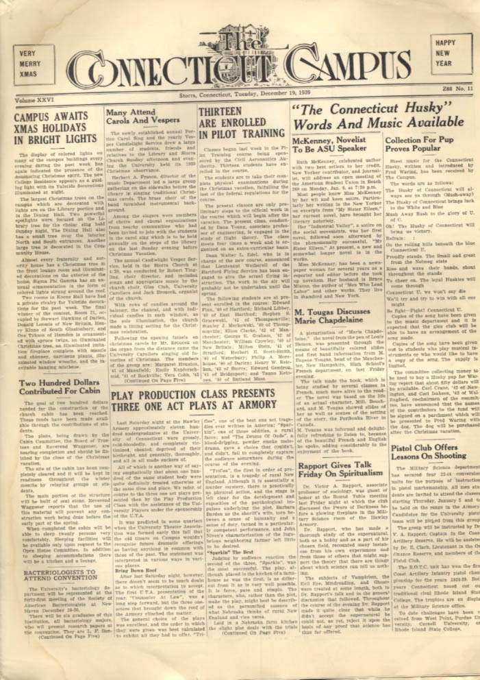 University of CONNECTICUT CAMPUS daily 12/19 1939 basketball swimming Husky song