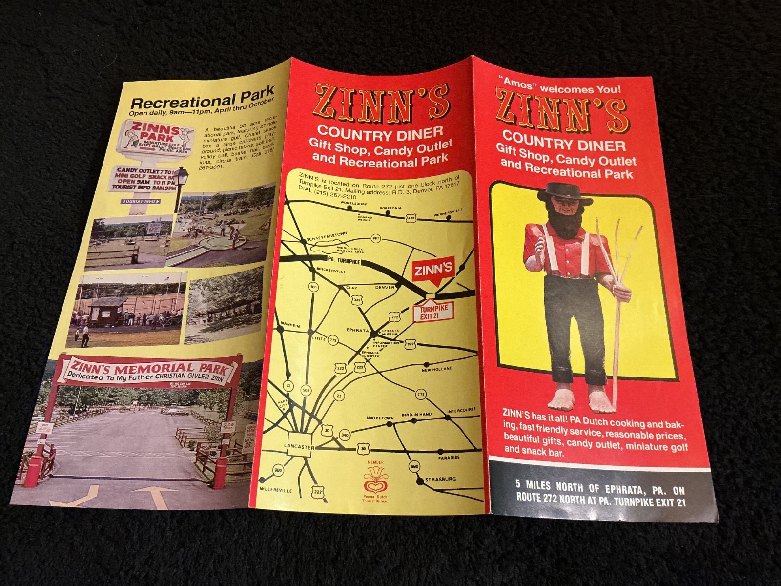 ZINN’S COUNTRY DINER BROCHURE (1980s) LANCASTER/DENVER, PENNSYLVANIA DUTCH Amos
