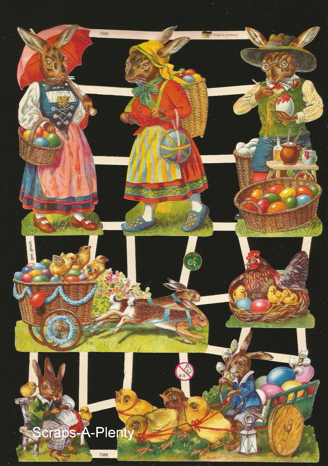 German Embossed Vintage Style Scrap Die Cut Colorful Easter Bunny Chicks EF7389