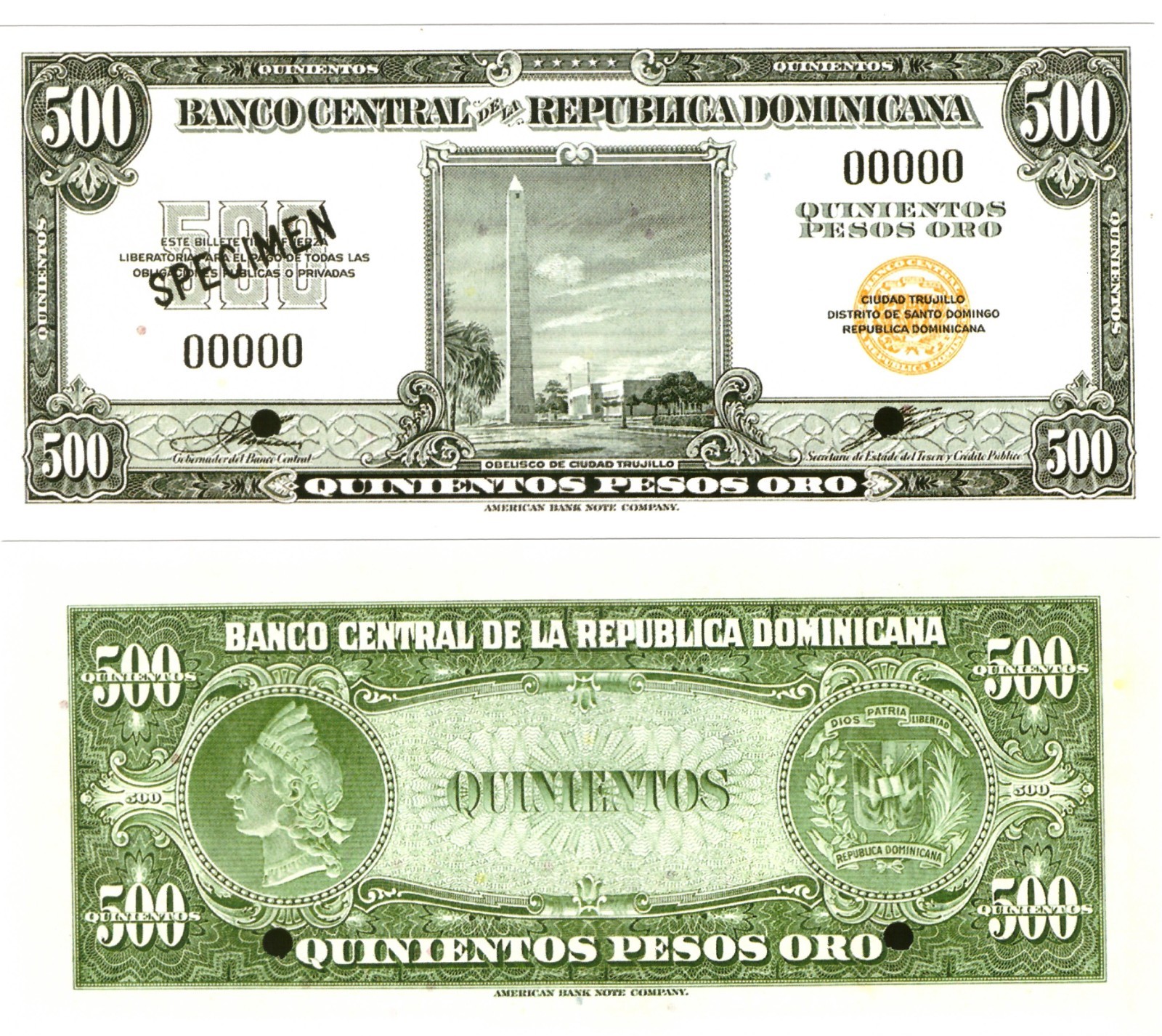 u Reproduction Note Dominican Republic 500 Pesos Oro 1947 SPECI Pick #66s 1834R